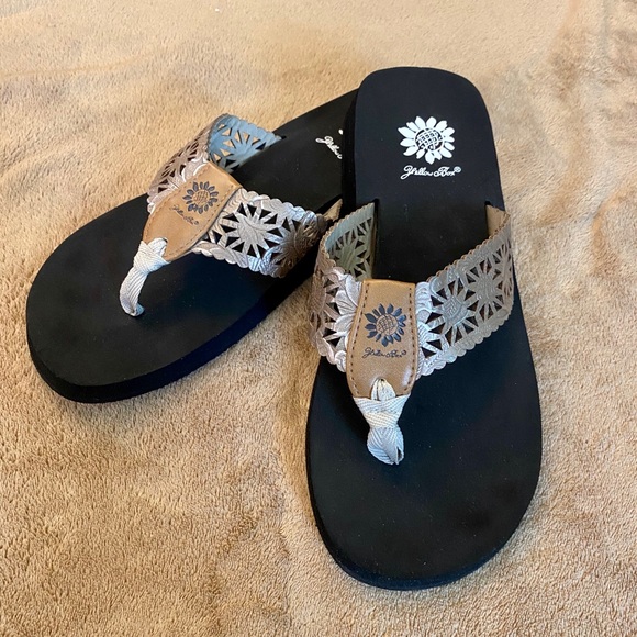 yellow box gold flip flops